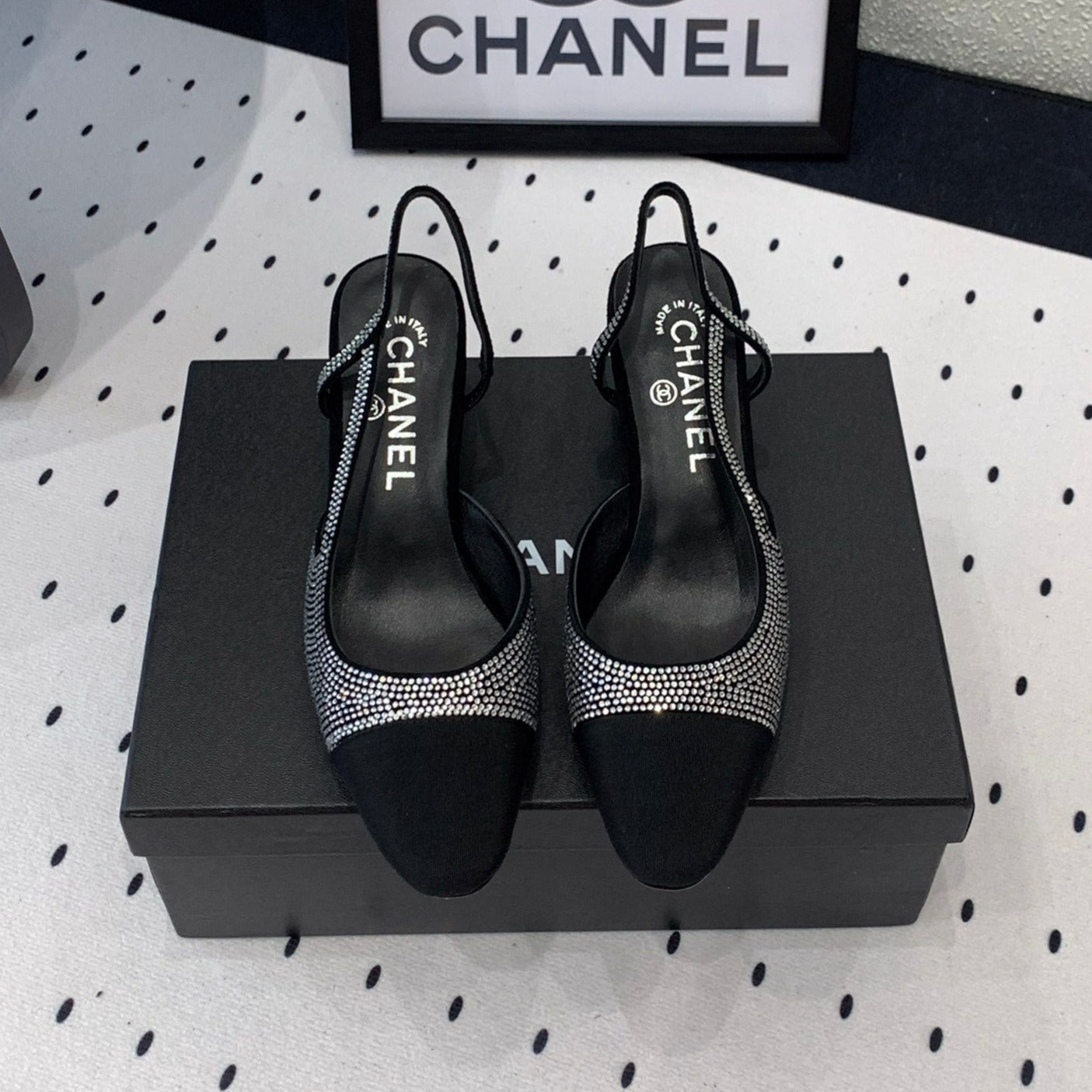 CHANEL Double  Rhinestone Slingback Sheepskin Silver Black