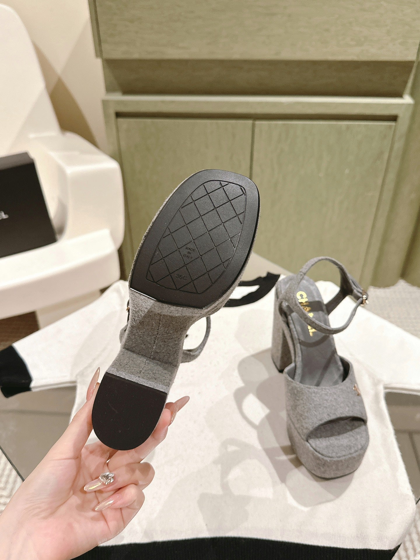 CHANEL HIGH SANDAL GREY SUEDE CALFSKIN