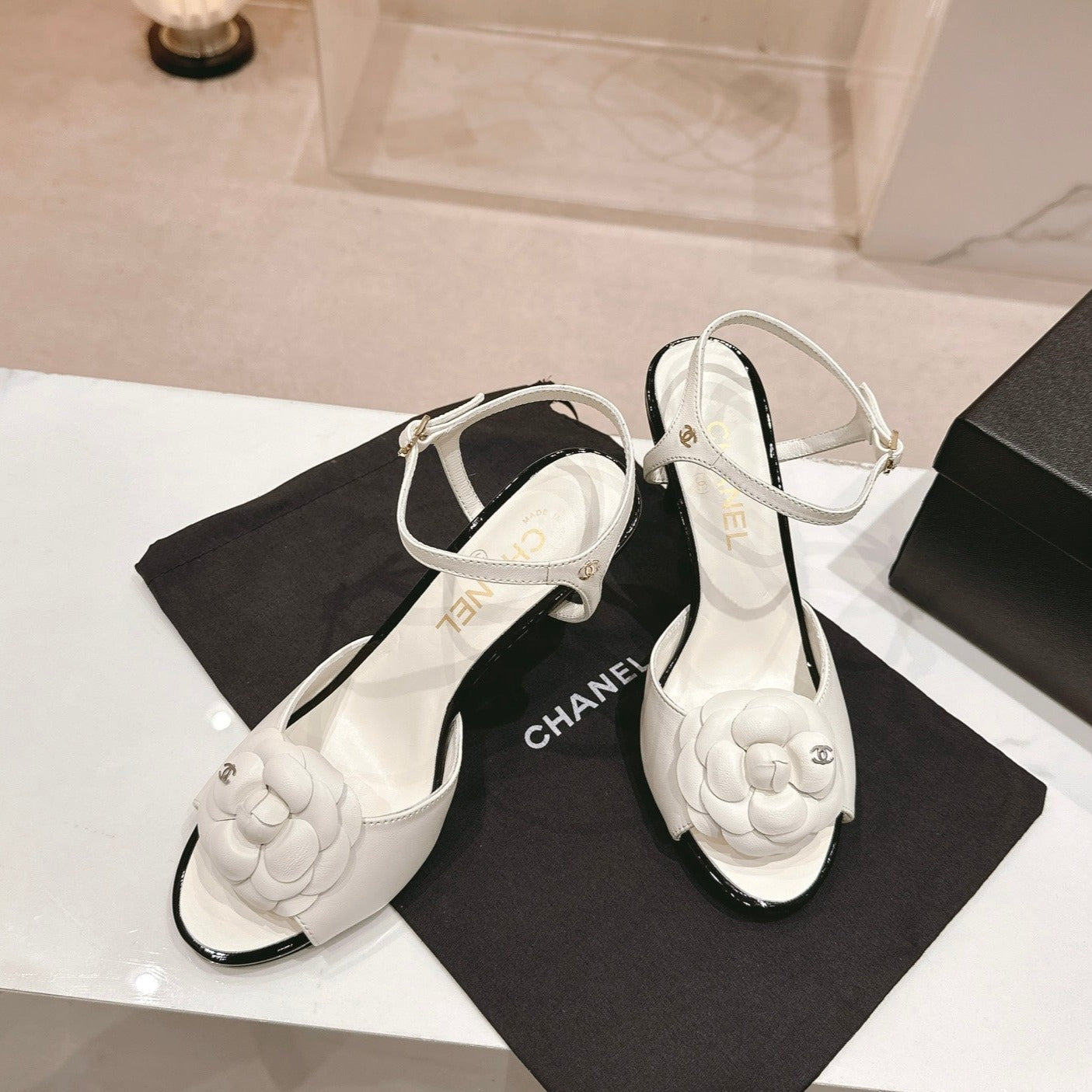 CHANEL Double C New Camellia High Heel Sandals White