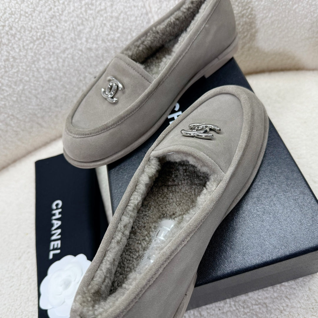 CHANEL LOAFER IN SMOKE GRAY SUEDE AND WOOL LINING