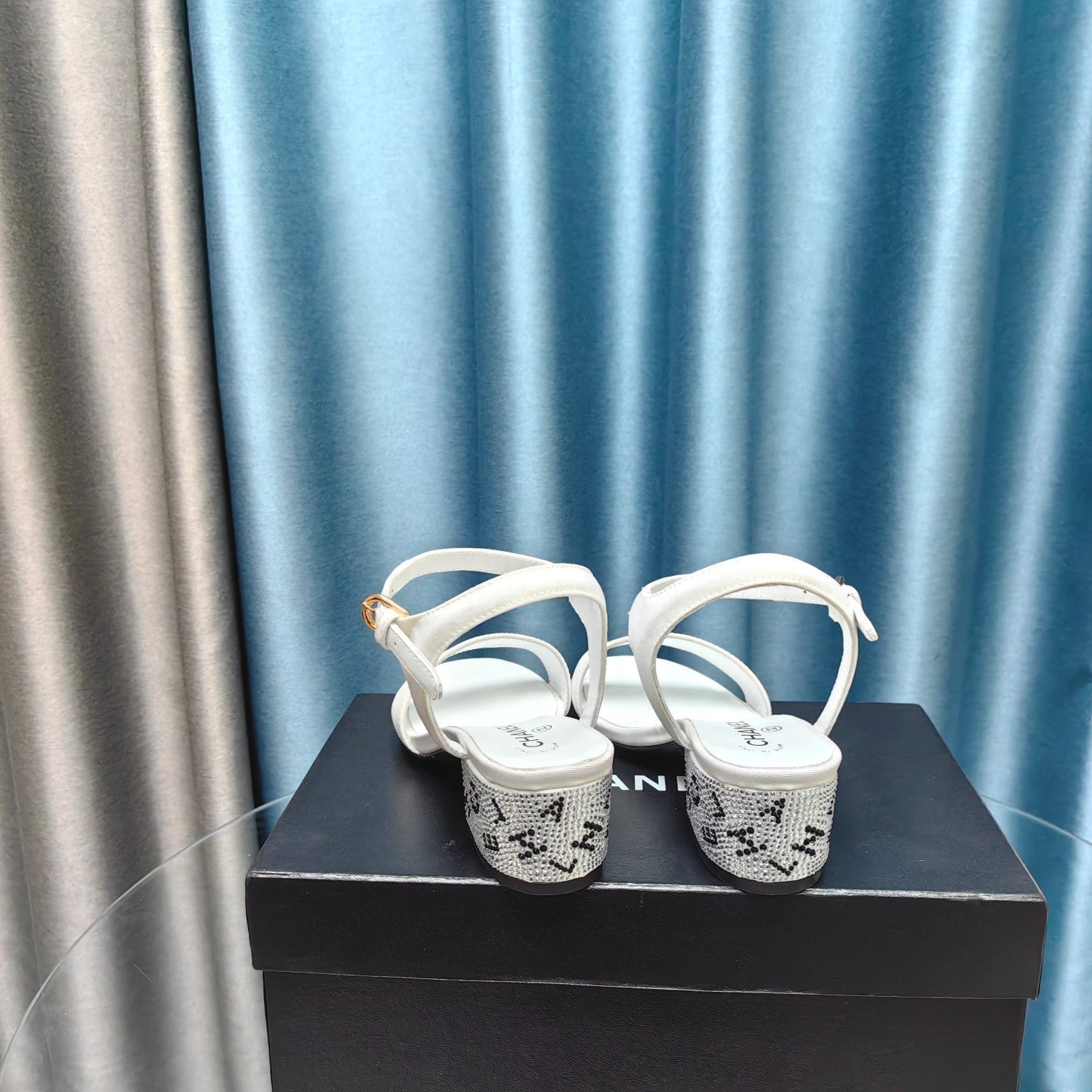 CHANEL Chunky Heel Rhinestone Sandals White Lambskin