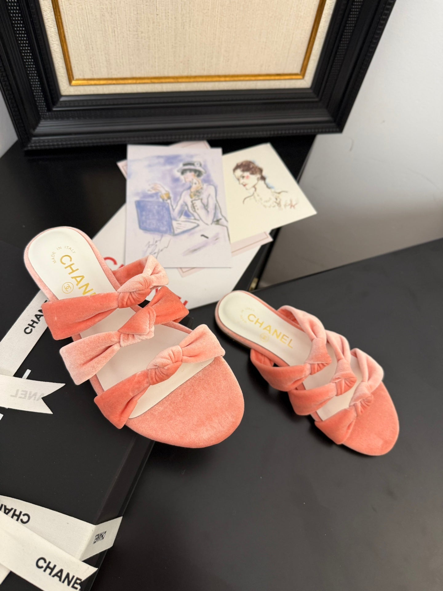 CHANEL 25C Three Strap Mule Pink Velvet fabric 233561