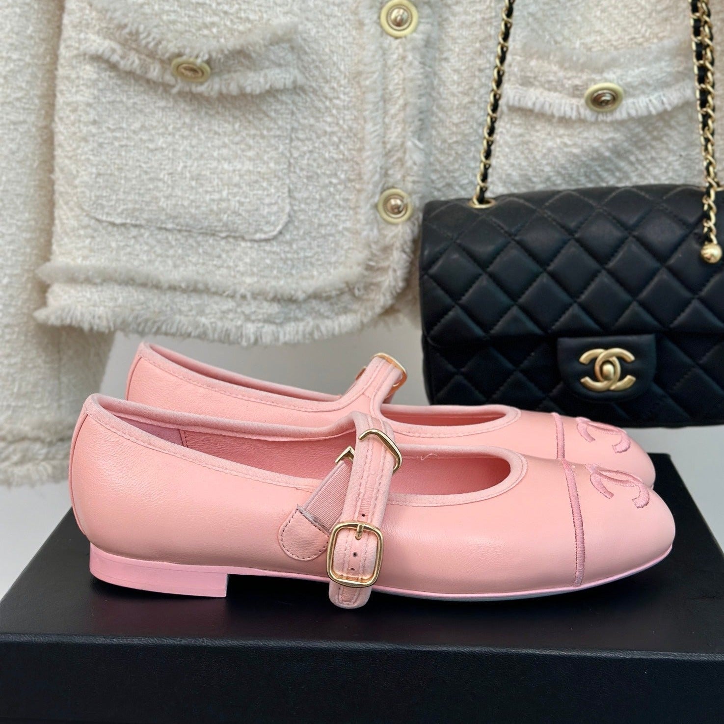 CHANEL Double C Light Pink Lambskin Mary Jane Shoes